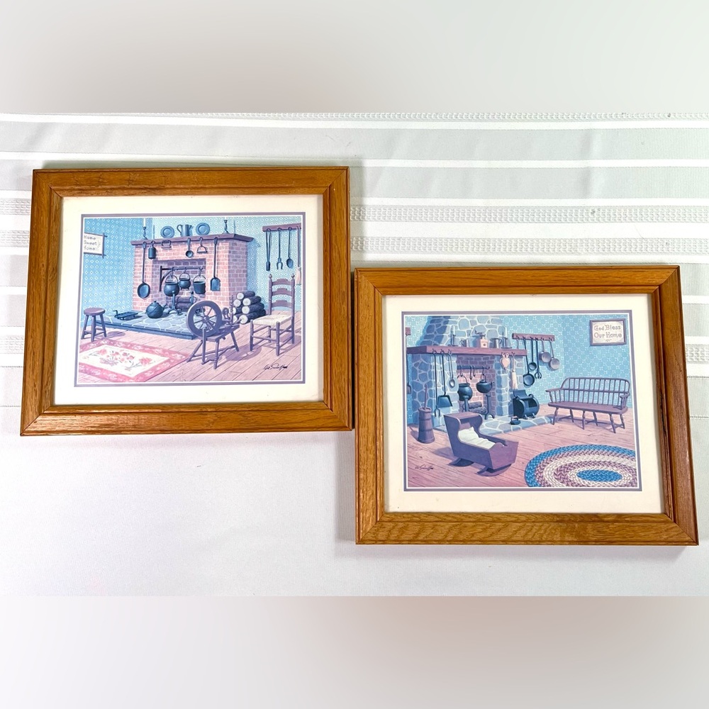 VTG 80s Sarnoff Litho USA Primitive Country Kitchen Prints Set of 2 Oak Frame